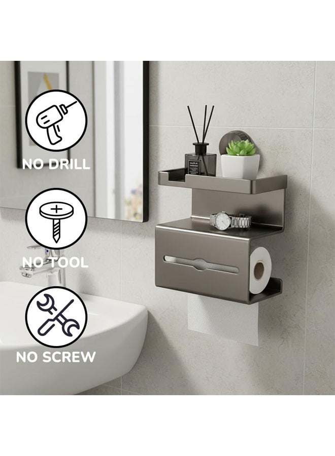 حامل ورق تواليت مزود بكوب شفط، موزع مناديل ورقية ثلاثي الطبقات يُثبت على الحائط مع رف للهاتف، موزع مناديل مبللة بدون حفر، حامل مناديل مبللة، حامل ورق تواليت مع مساحة تخزين للحمام والمطبخ - Image 3